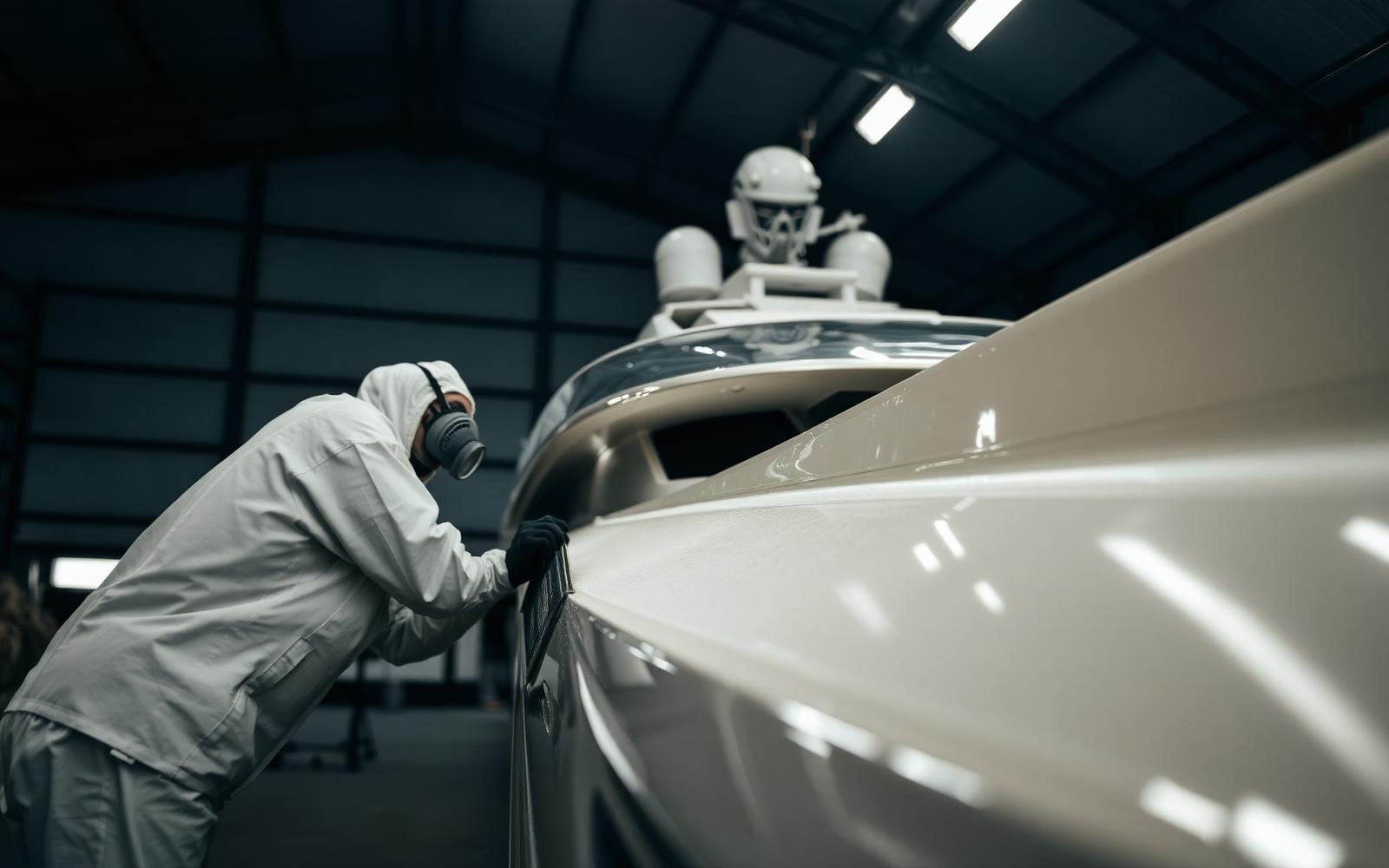 Craftsman in protective suit prepping a superyacht hull